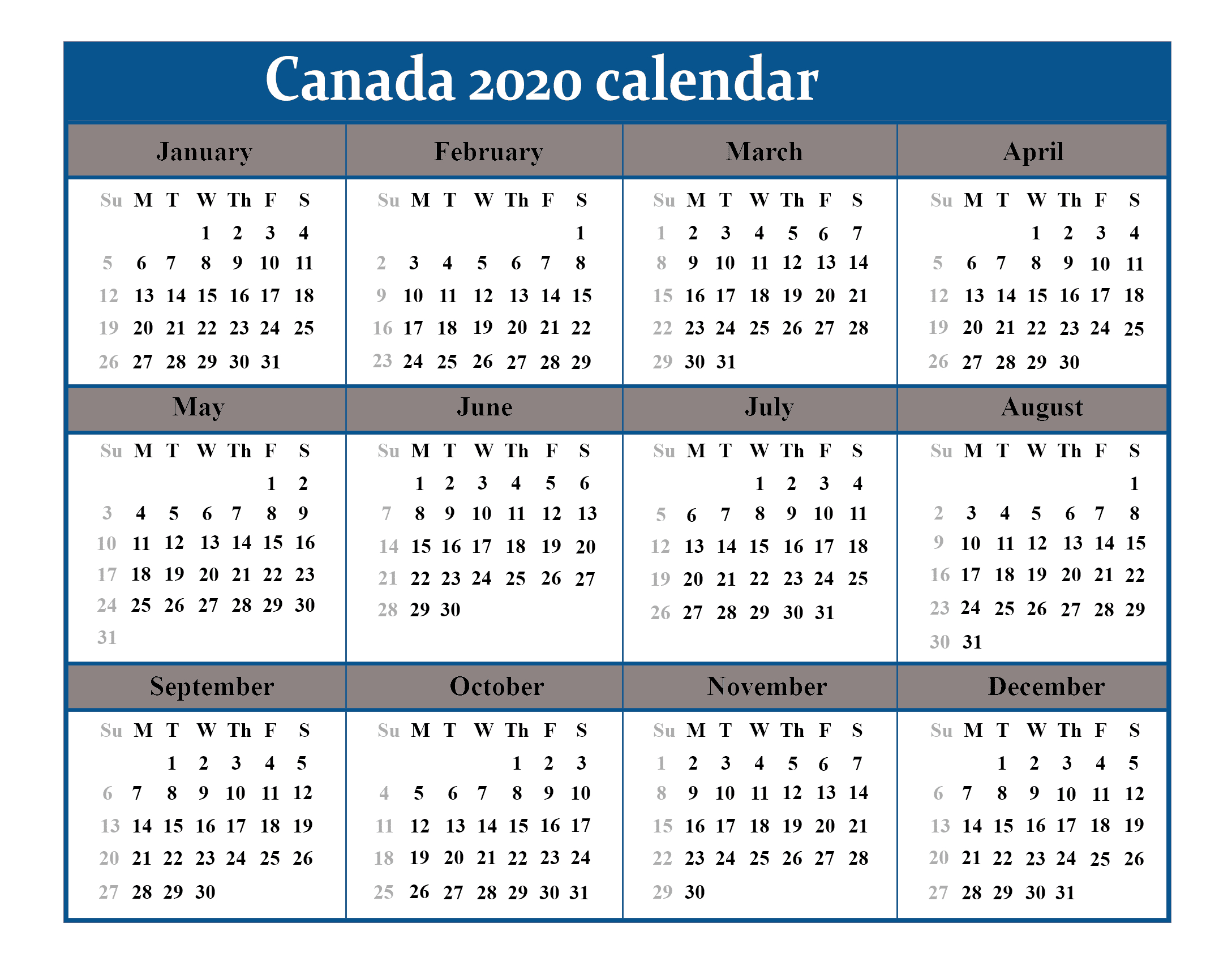 Canada 2020 Calendar | Best Printable Calendar