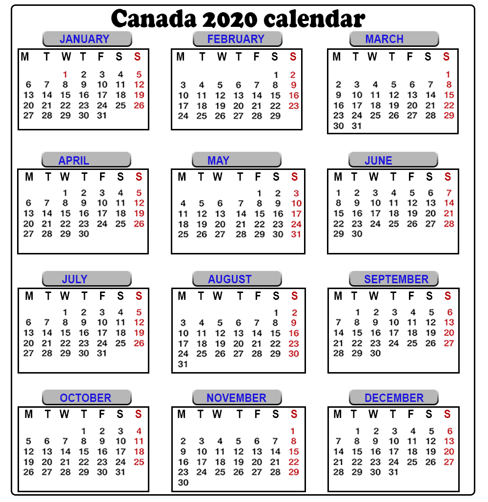Canada 2020 Printable Calendar With Holidays, Word, Excel