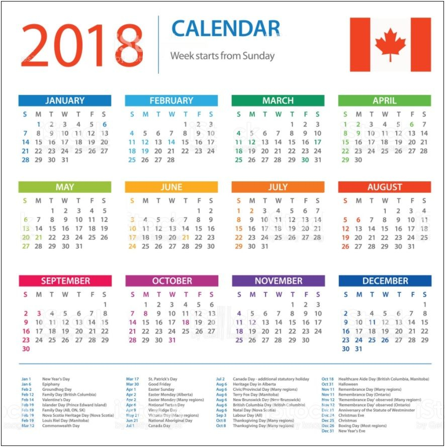 Canada Calendar 2018 Holidays | 2018 Holiday Calendar
