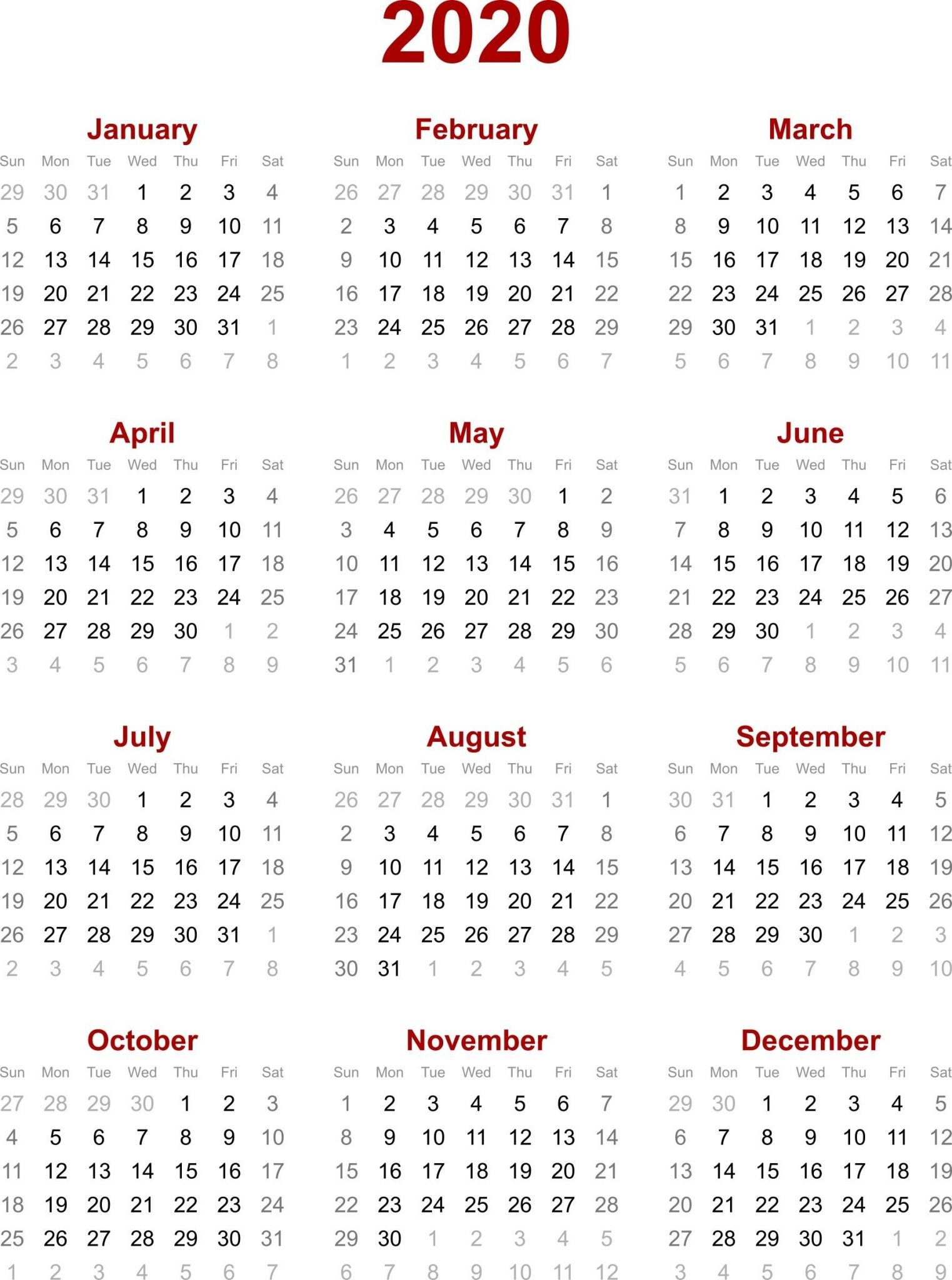 Chinese Calendar 2020 Printable Template | 2020 Calendar