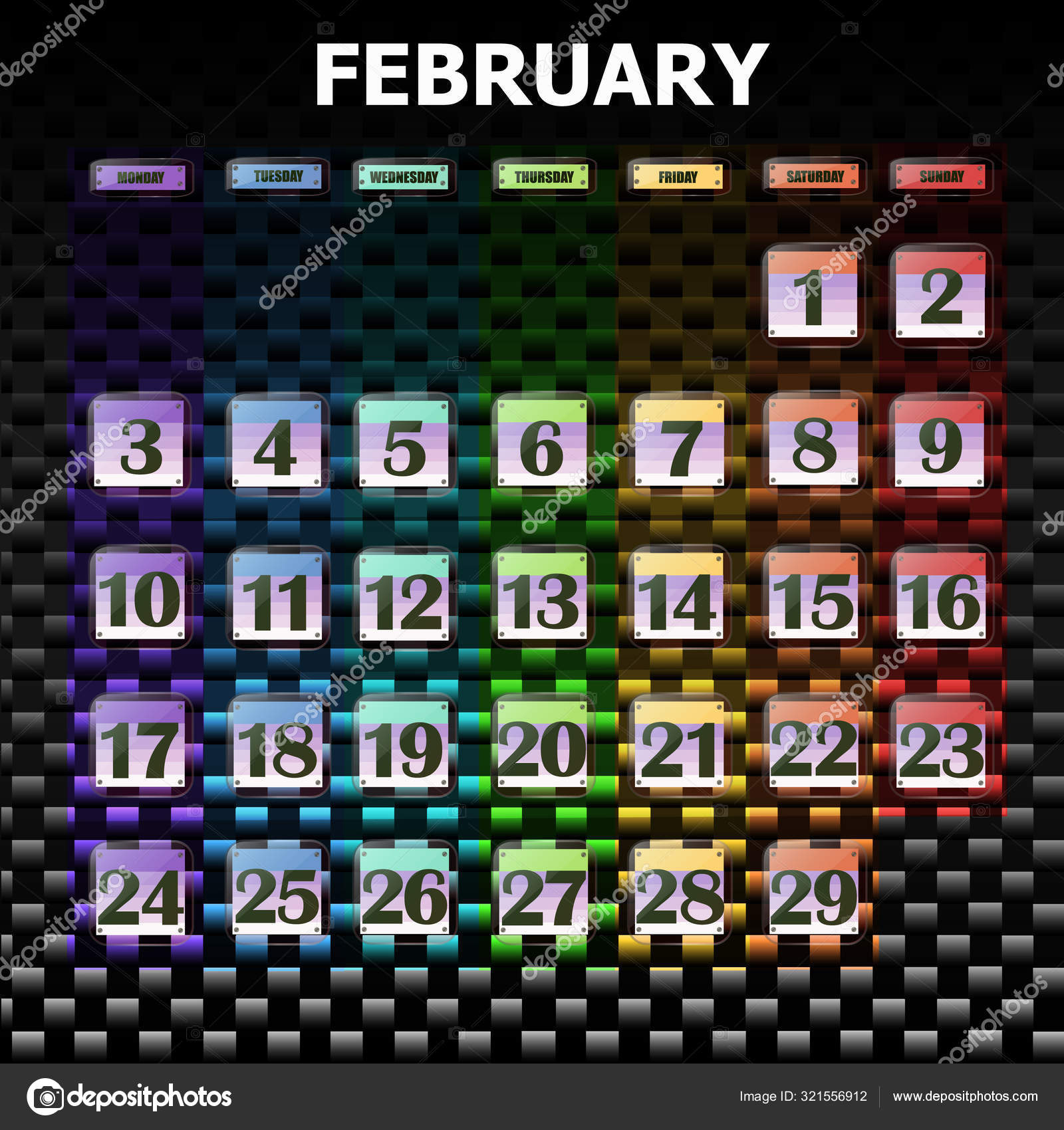 Colorful Calendar For February 2020 In English. Set Of