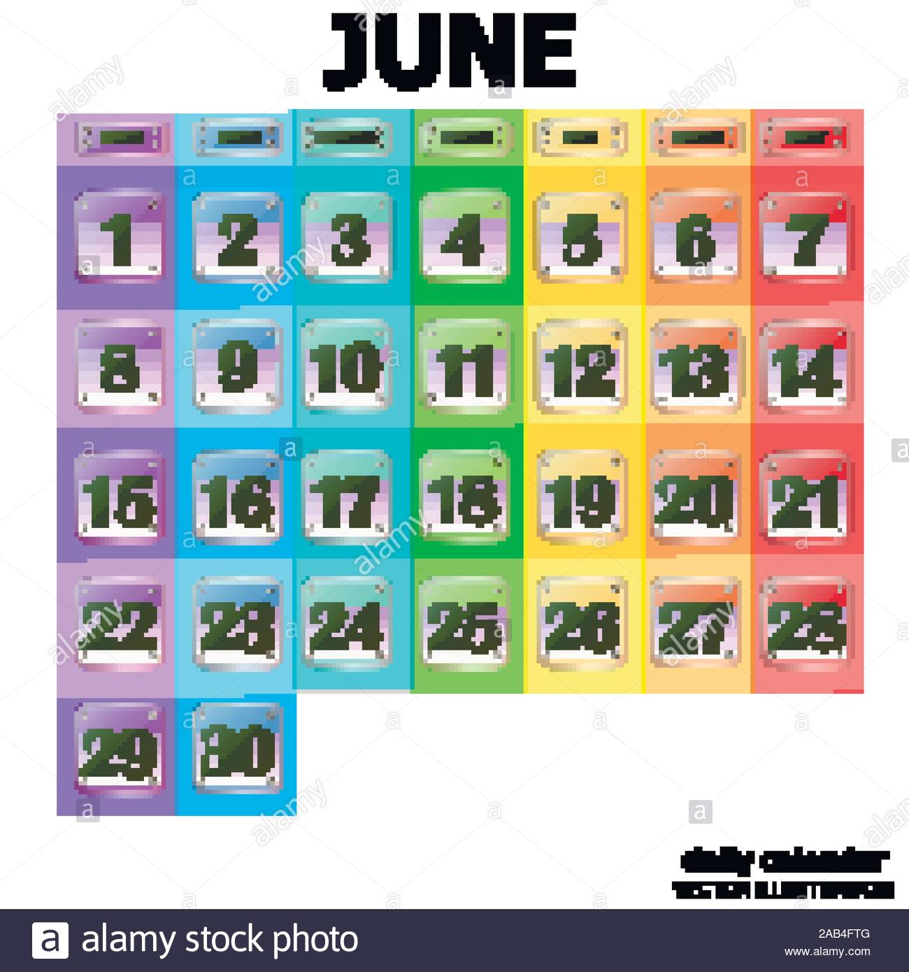 Colorful Calendar For June 2020 In English. Set Of Buttons