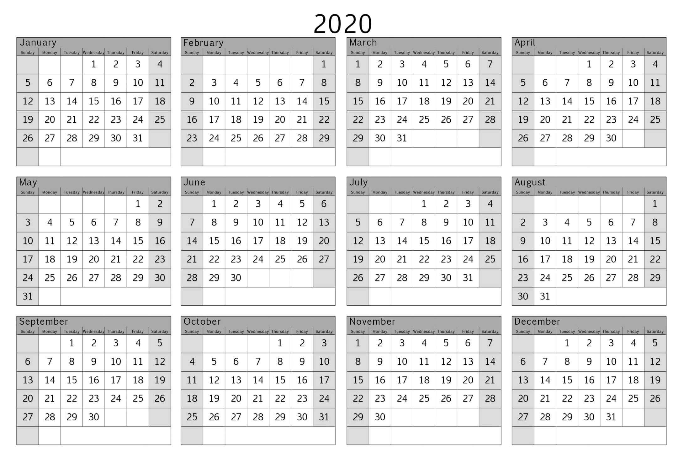 Colorful Yearly Calendar Template With Notes 2020 Word - Set