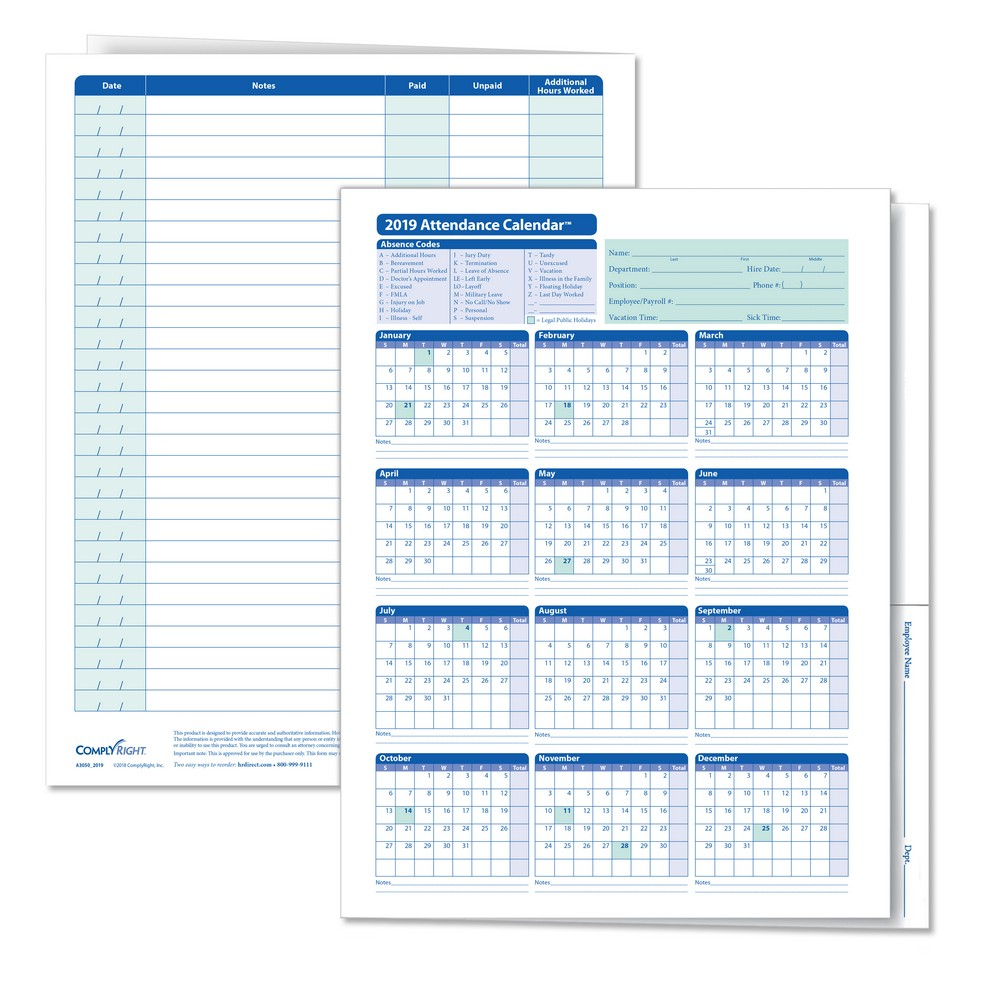 Complyright 2020 Attendance Calendar Folder, White, Pack Of 25