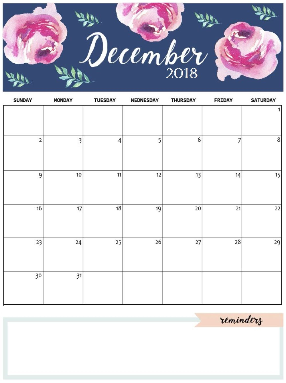 Cute December 2018 Calendar Template | Printable December