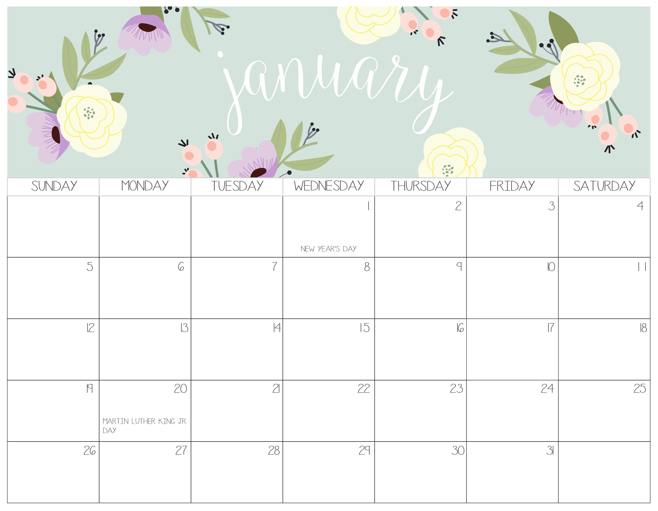 Cute January 2022 Calendar Printable Floral Designs Cute January 2022 Calendar Printable