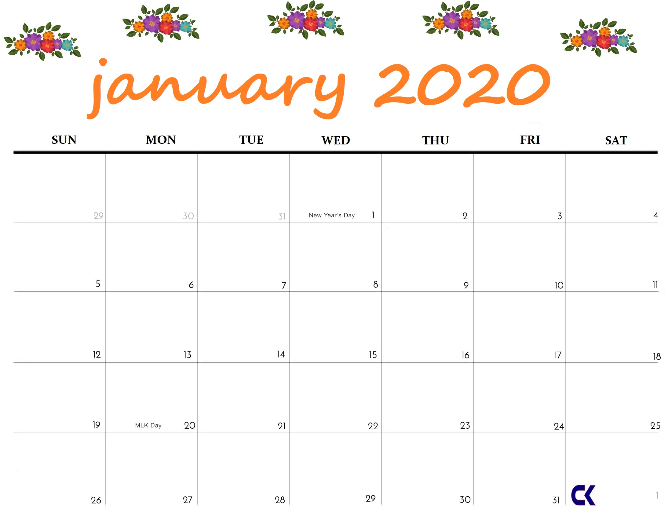 Cute January 2020 Calendar Printable - Togo.wpart.co