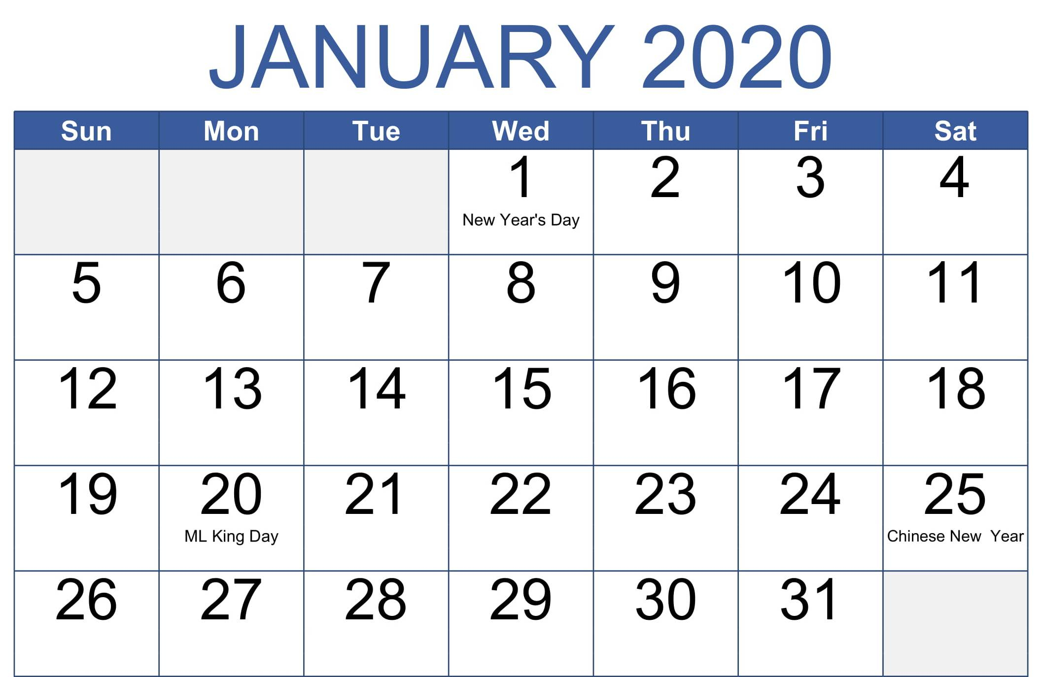 Cute January 2020 Calendar Word Printable Template - Set