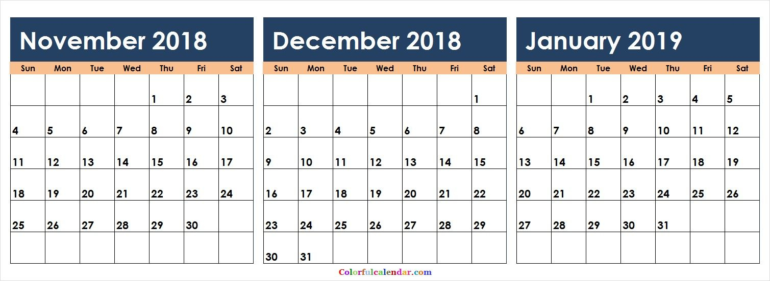 Cute November December 2018 January 2019 Calendar Colorful