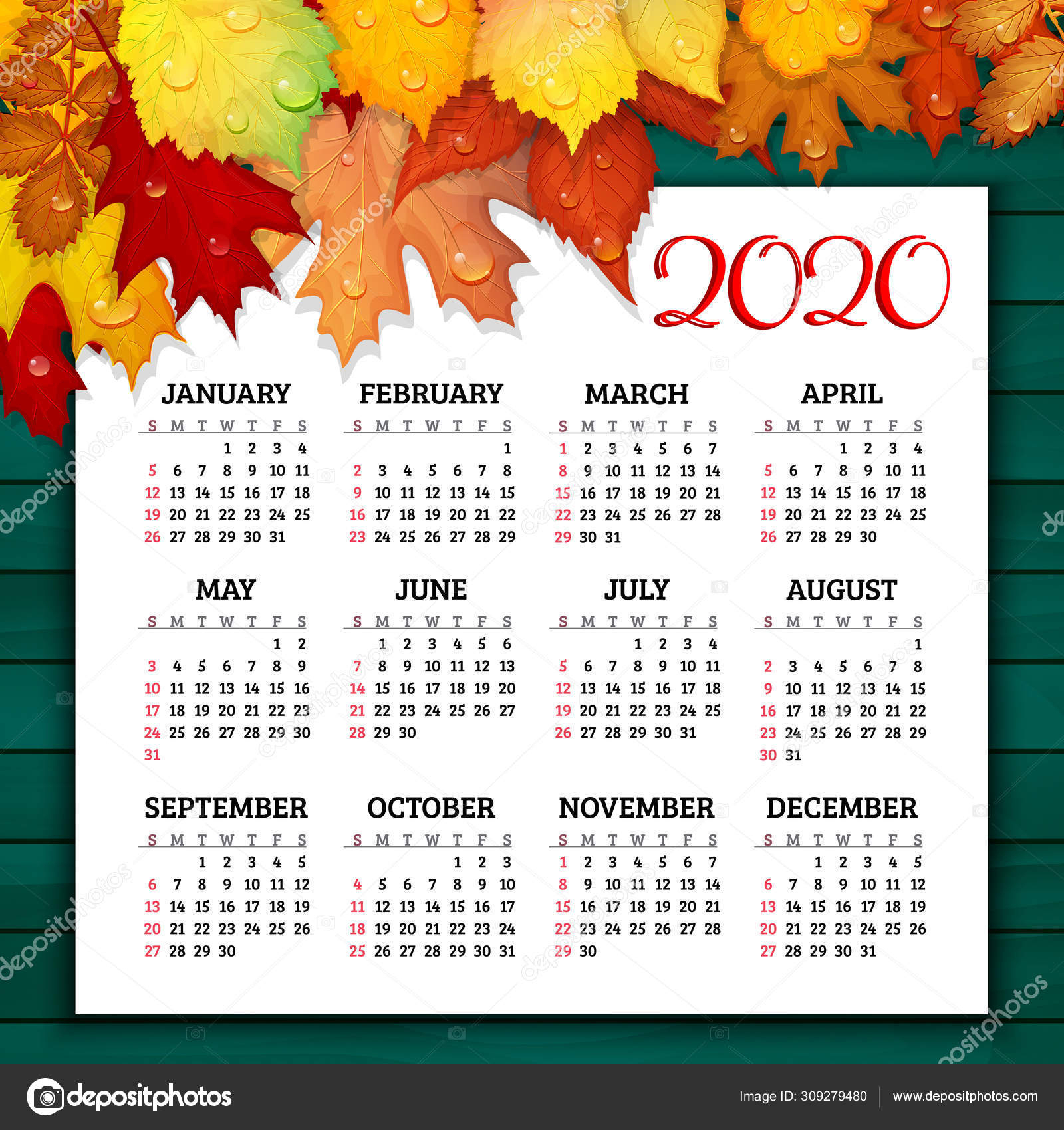 Календарь На 2020 Год С Красочными Осенними Листьями На:rut