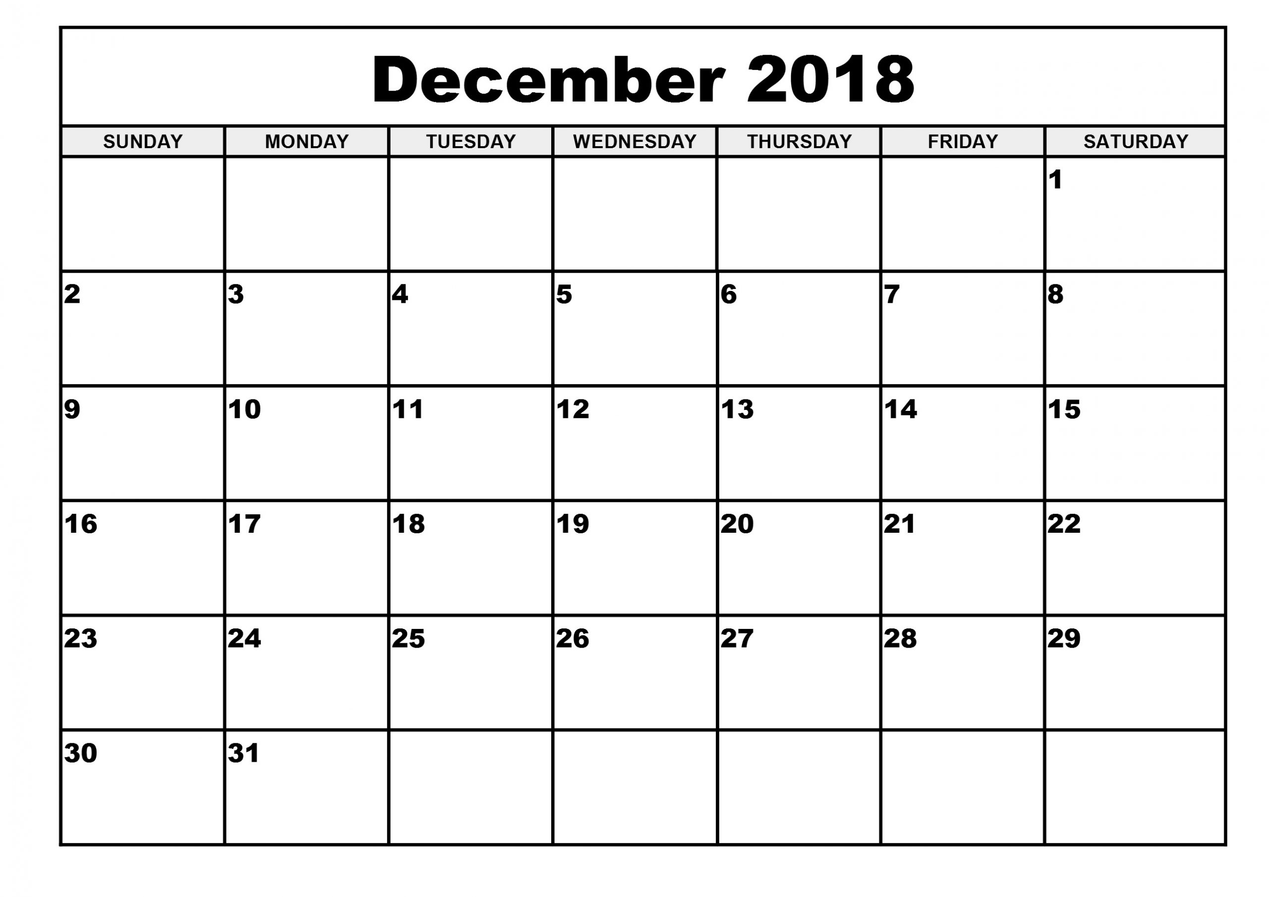 December 2018 Calendar Printable - Free Word Pdf Blank