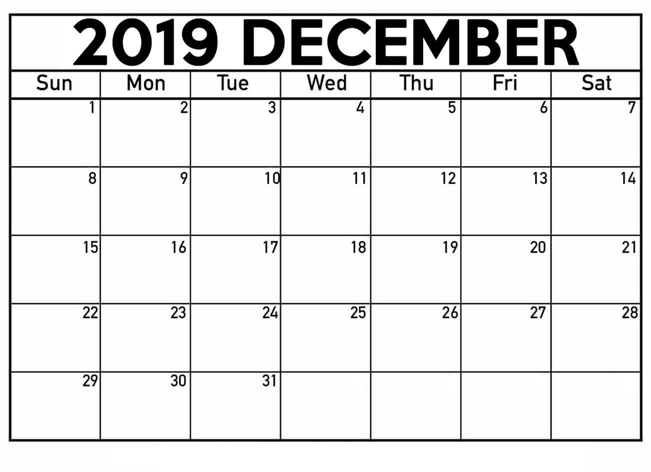 December 2019 Calendar Printable Waterproof Paper