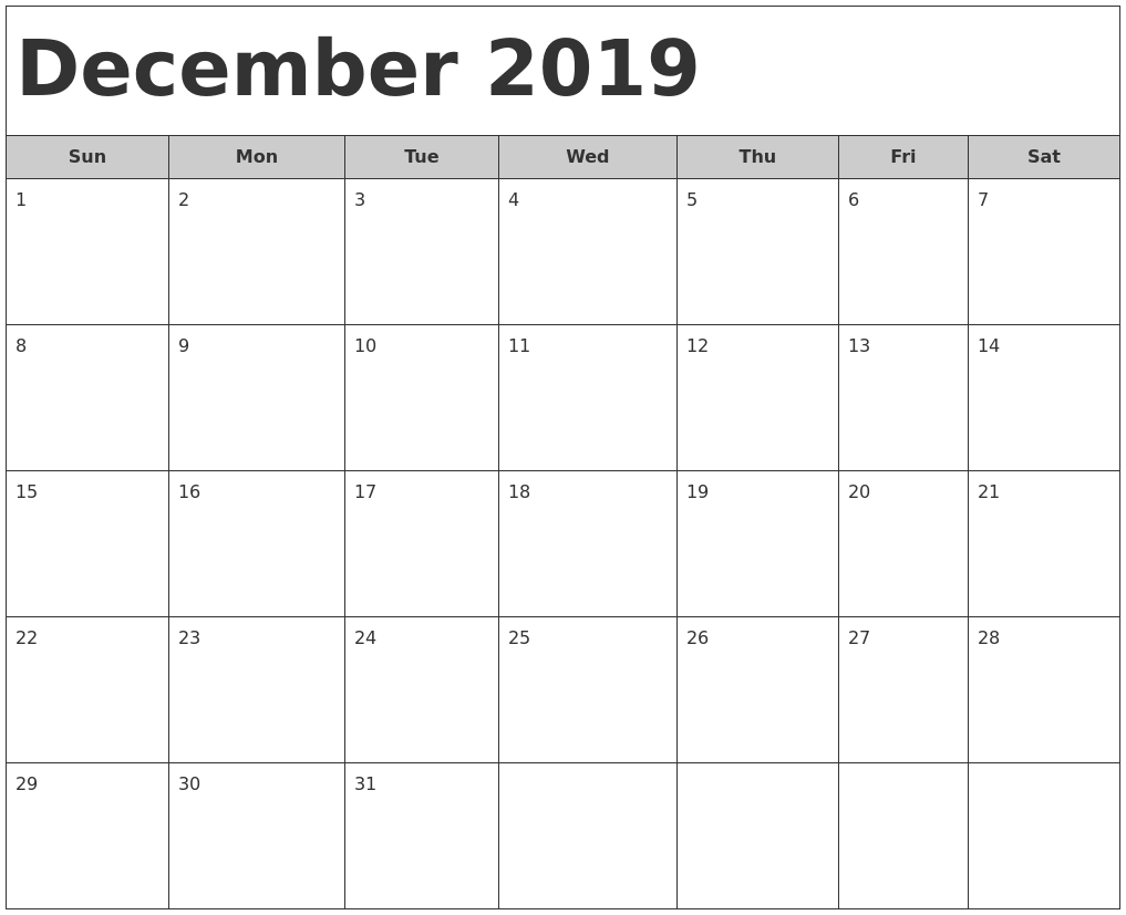 December 2019 Monthly Calendar Template | Free Printable