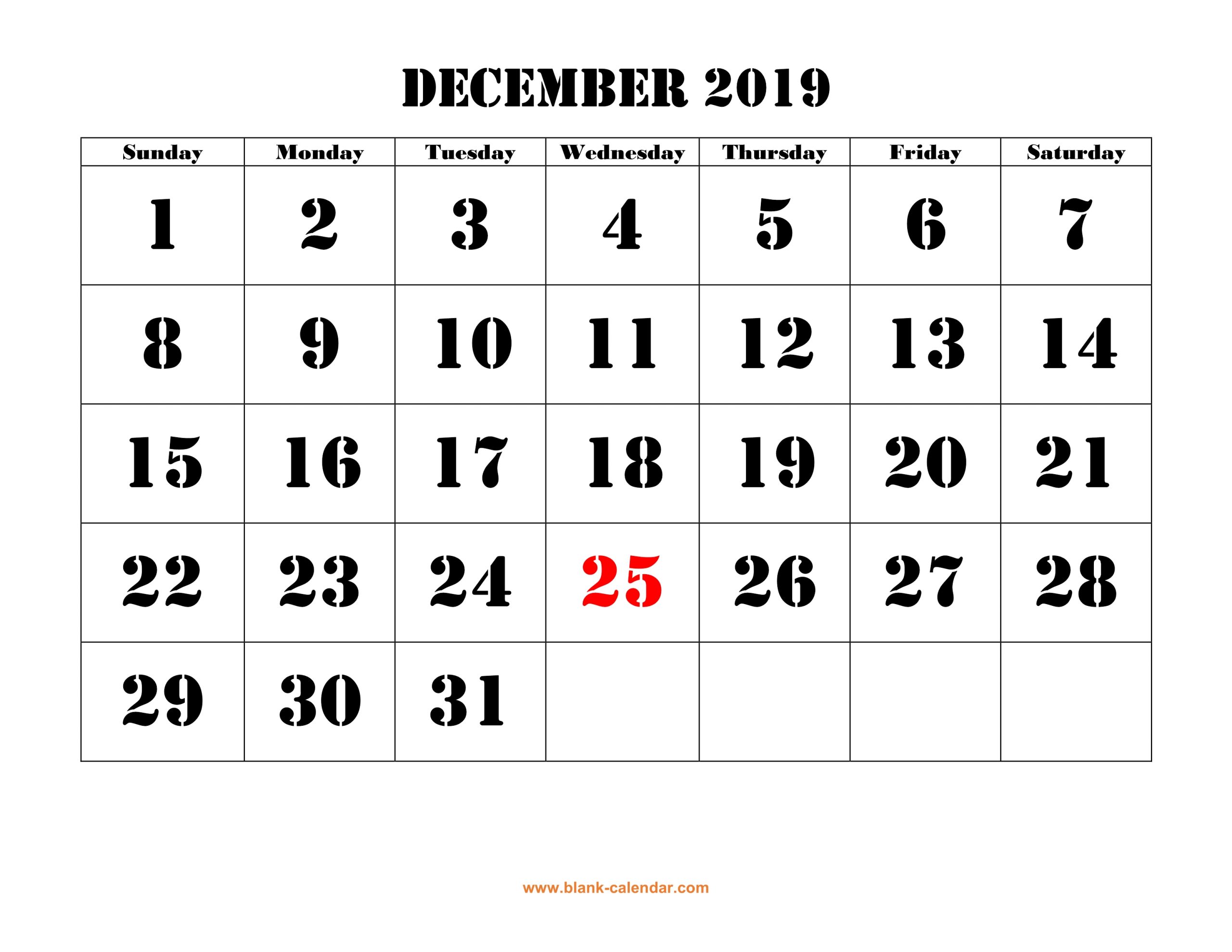 December 2019 Printable Calendar | Free Download Monthly