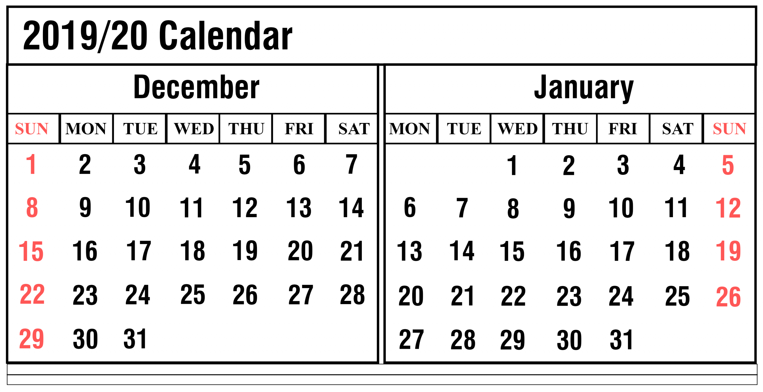 December 2019 Printable Calendar: Weekly Calendar For