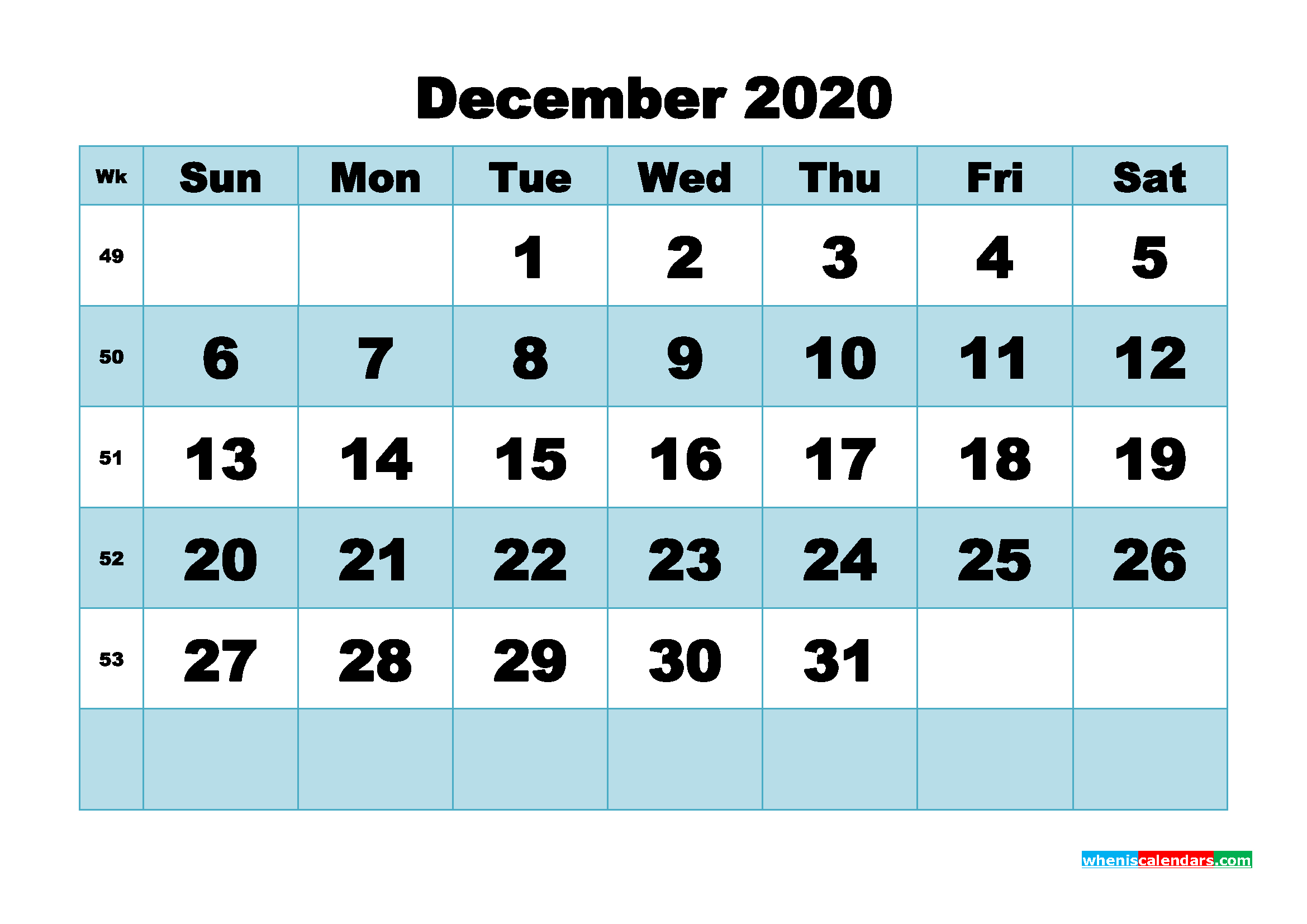 December 2020 Blank Calendar Printable – No.m20B504 – Free