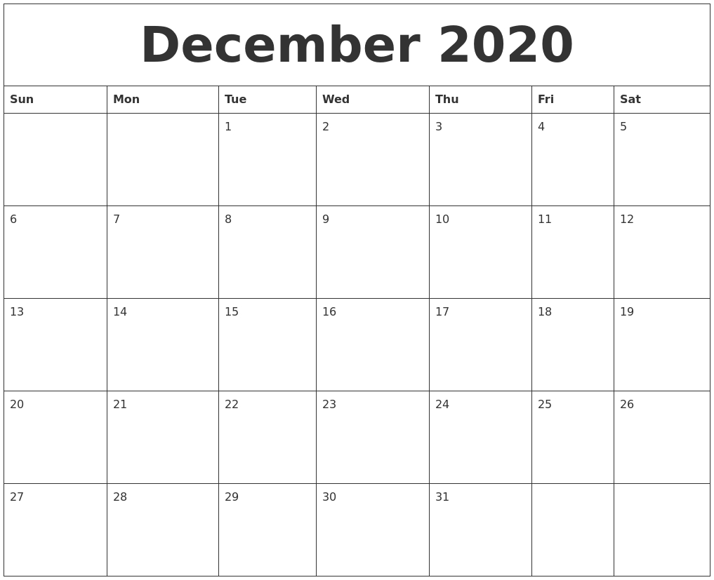 December 2020 Month Calendar Template