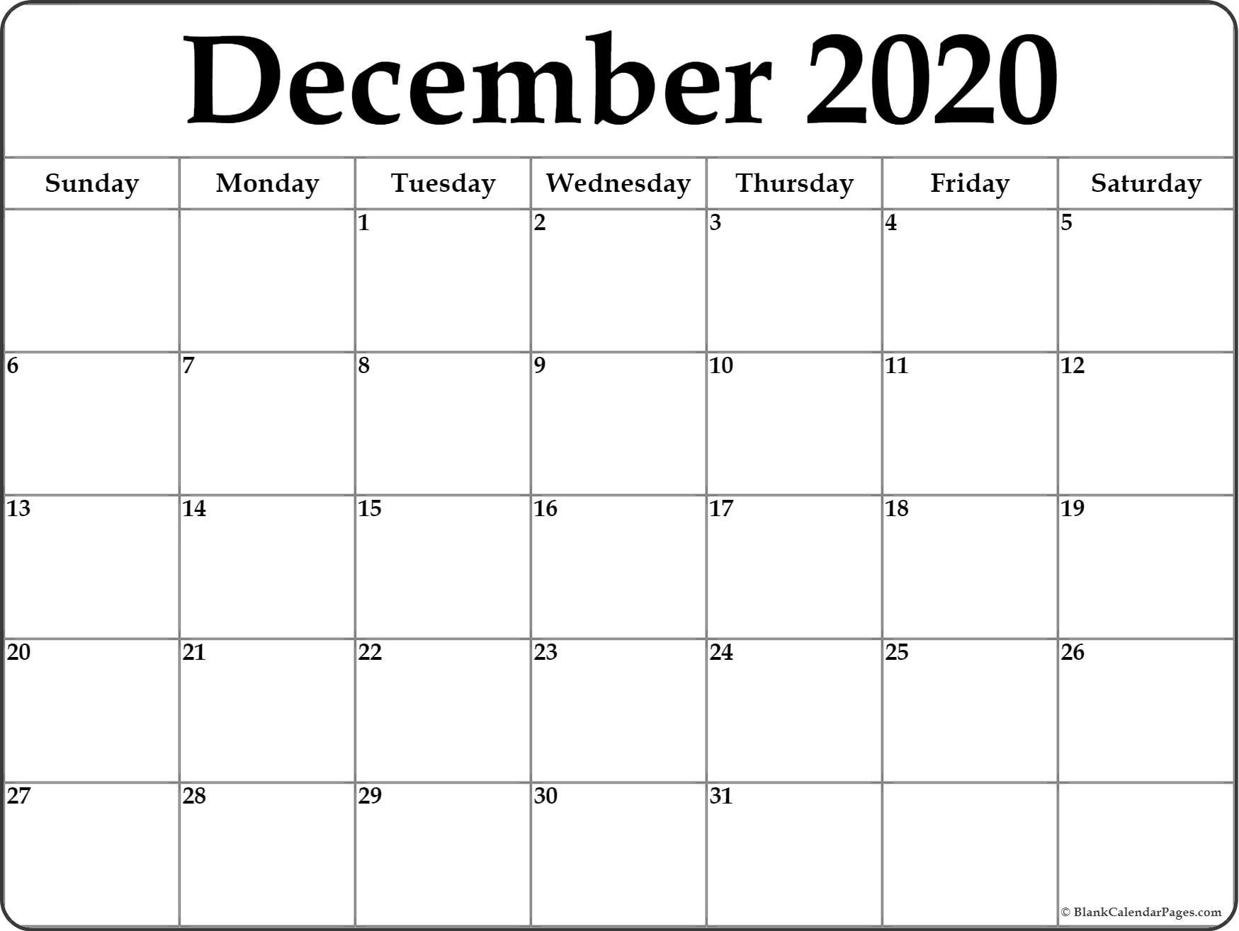 December Calendar Printable 2020 - Togo.wpart.co