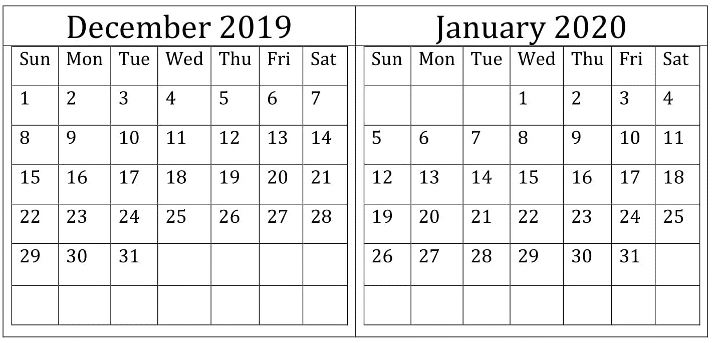 December January 2020 Calendar Excel, Word Printable