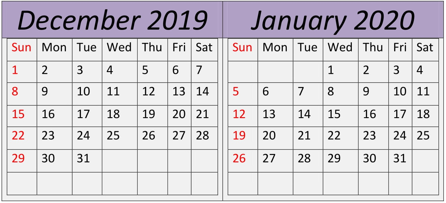 December January 2020 Calendar Holidays Template – Free