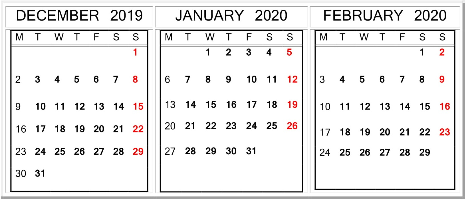 December January February 2020 Calendar Word Template – Free