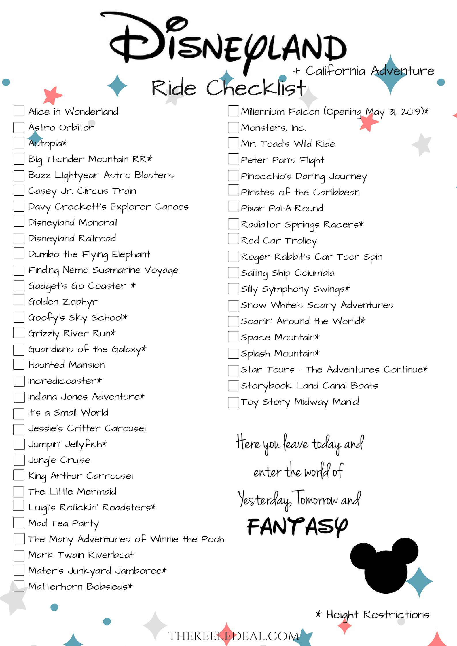 Disneyland Ride Checklist {Free Printable} | Disneyland