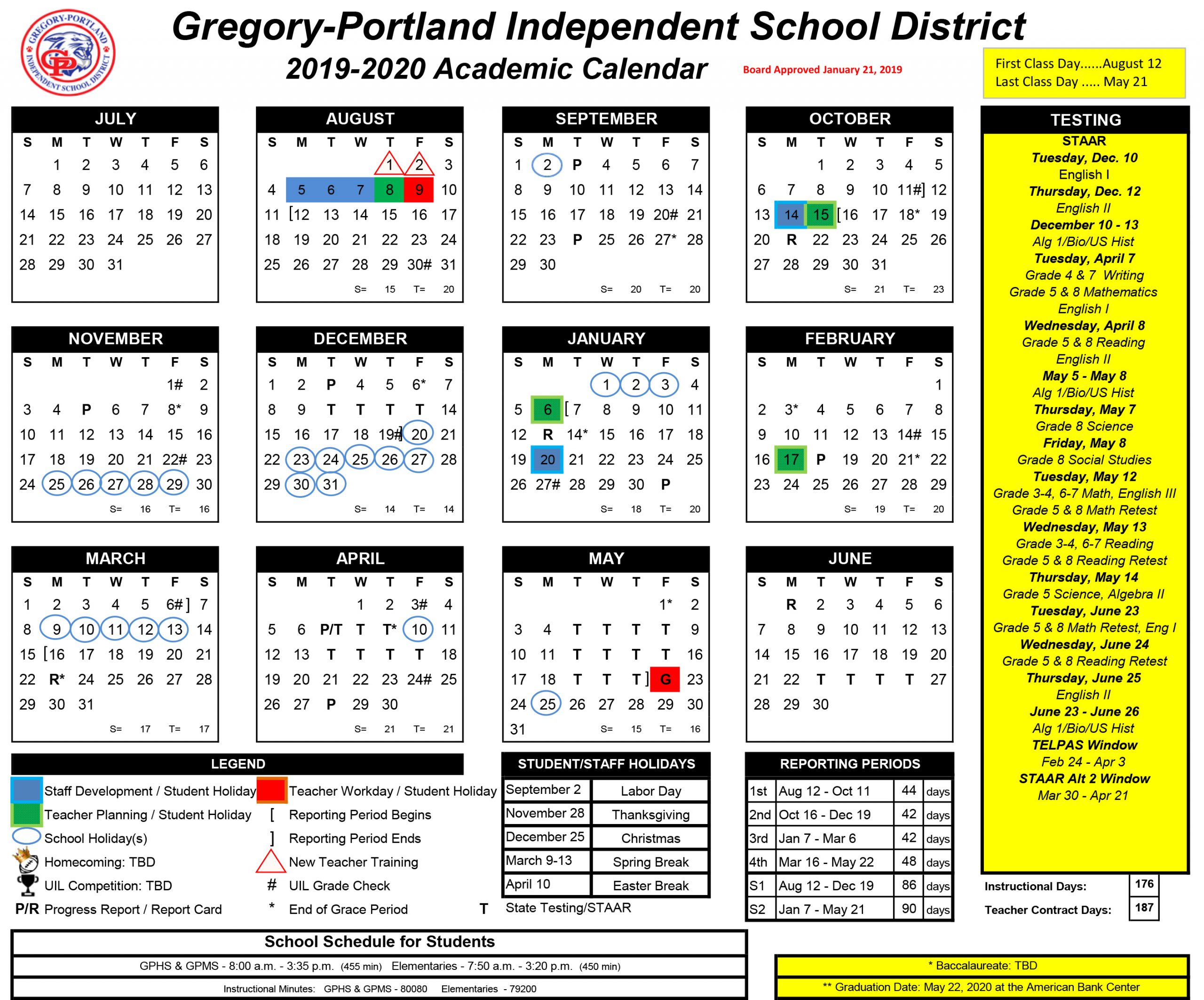 District Calendar, 2019-20 - Gregory-Portland Independent