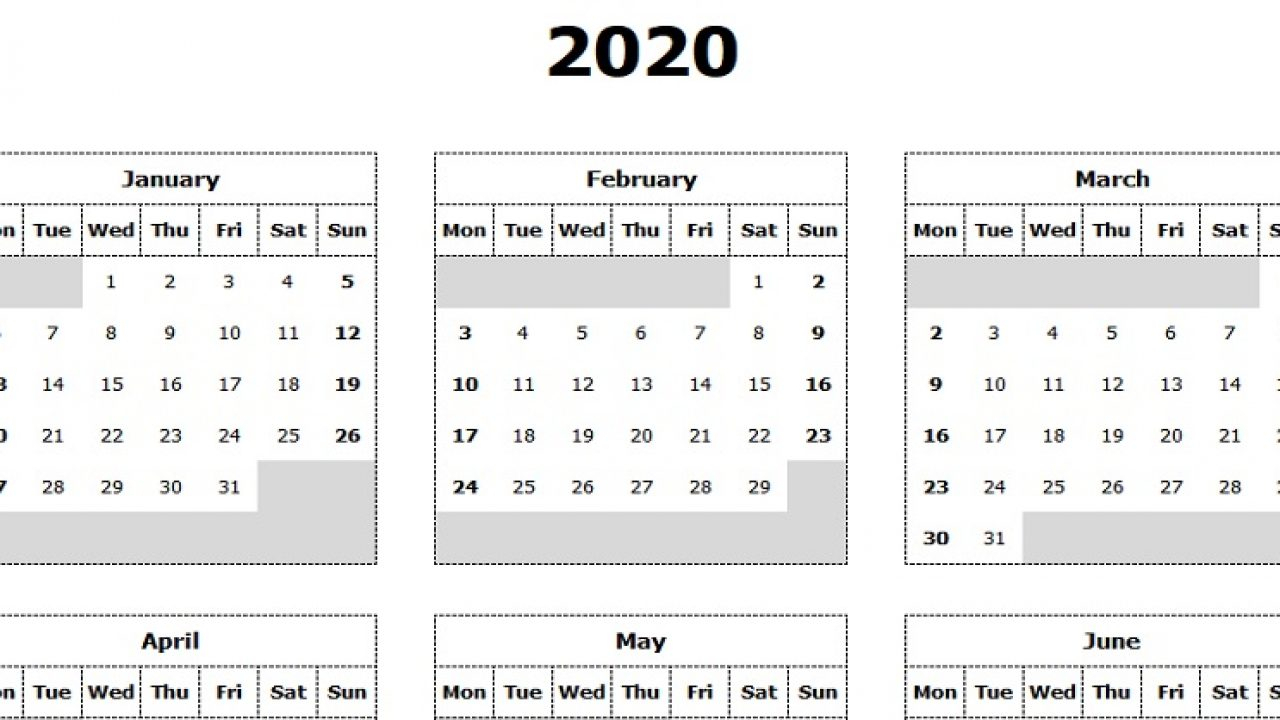 Download 2020 Yearly Calendar (Mon Start) Excel Template