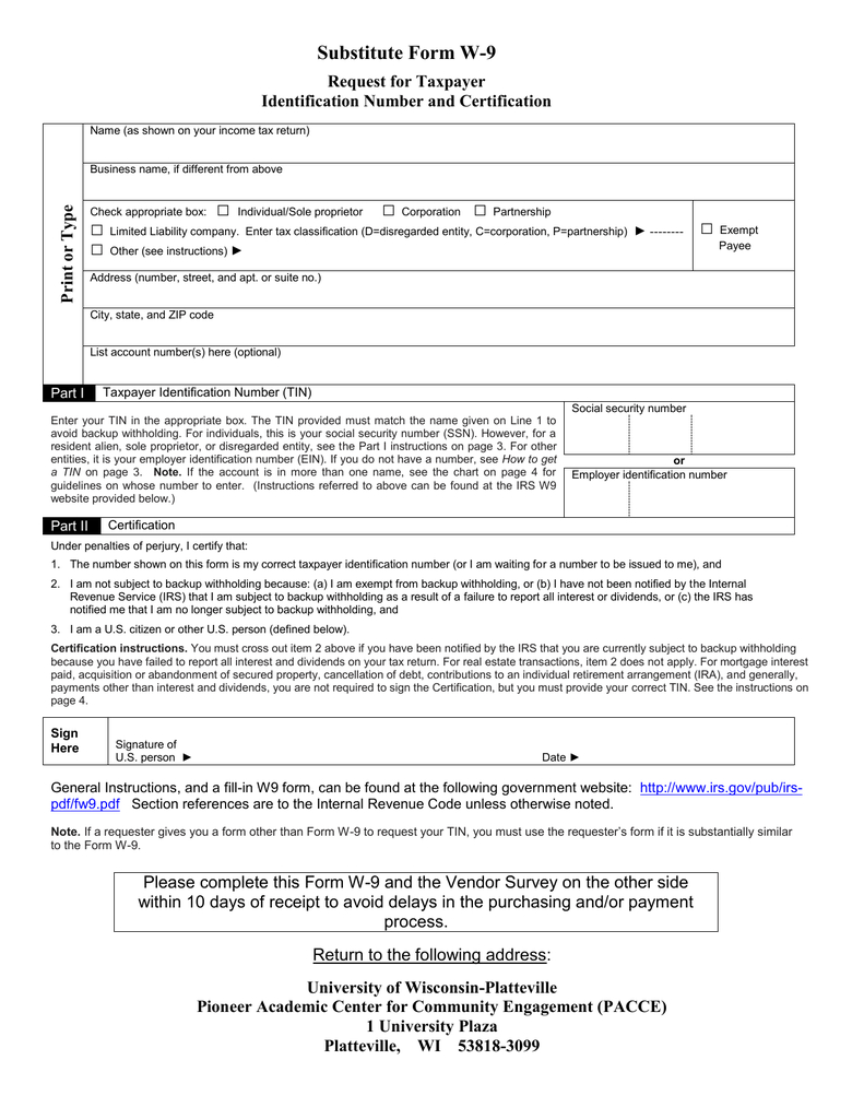 □ Substitute Form W-9 Request For Taxpayer