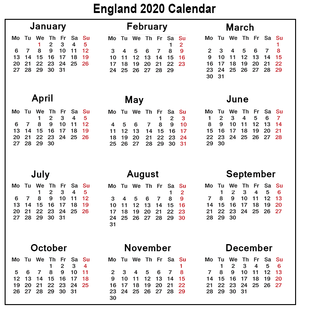❤️printable Calendar 2020 Templates With England Public