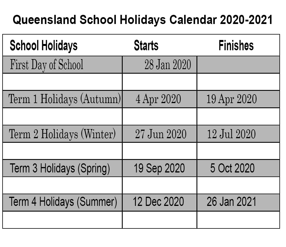 ❤️qld School Holidays 2020 Calendar Template
