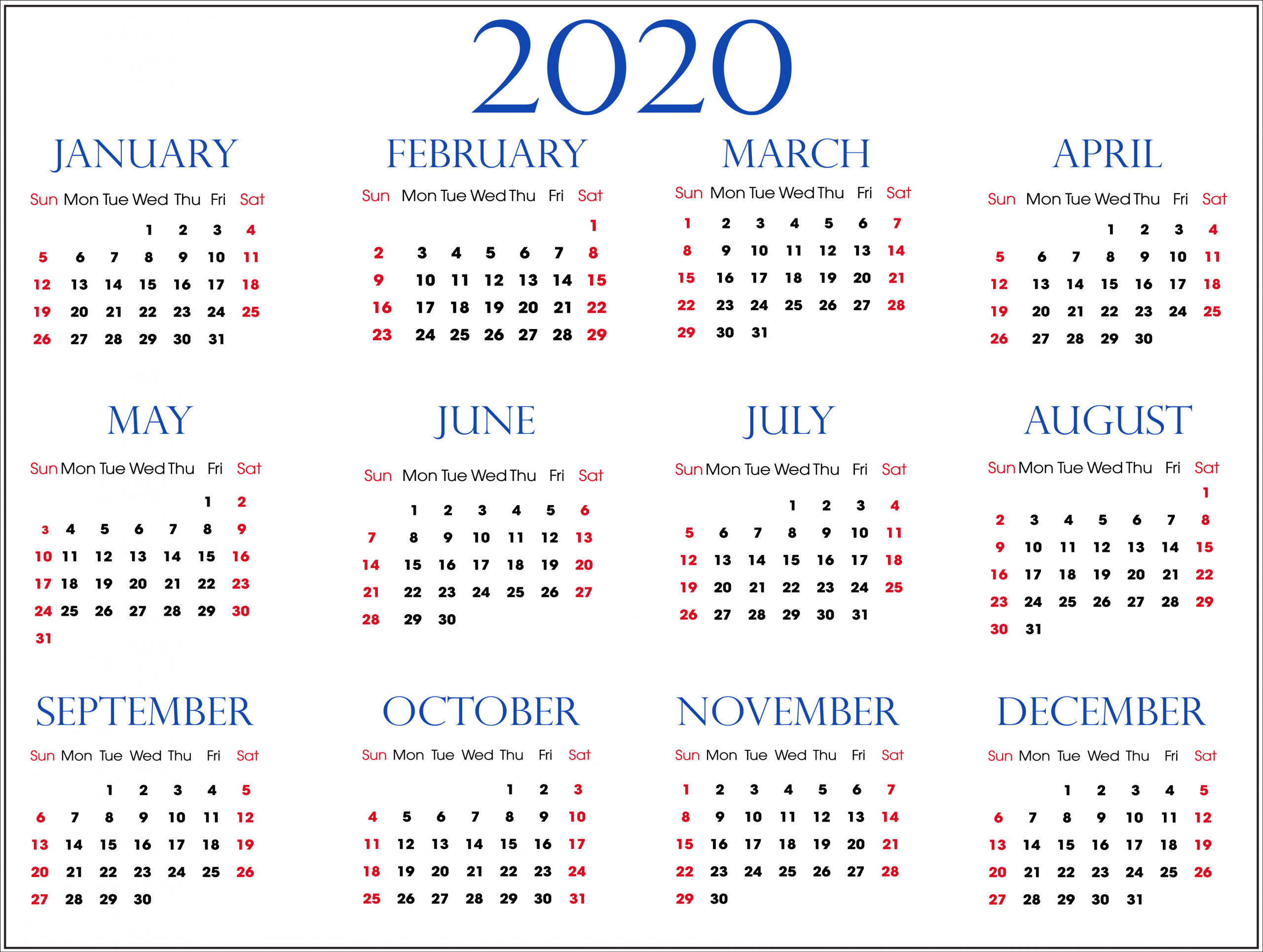 Editable 2020 Yearly Calendar Printable Pdf Word - Set Your