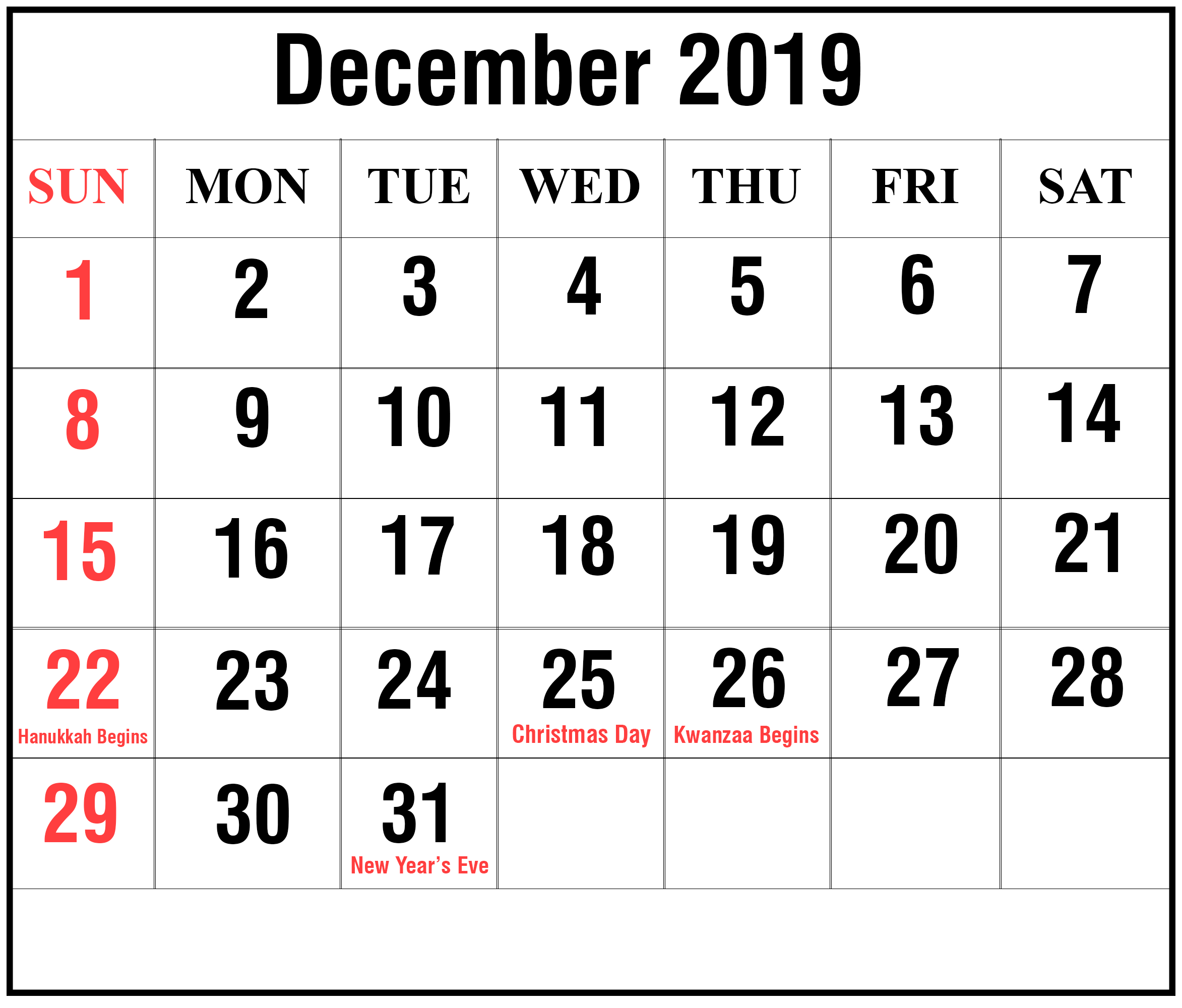 Editable December 2019 Calendar Blank Template | December