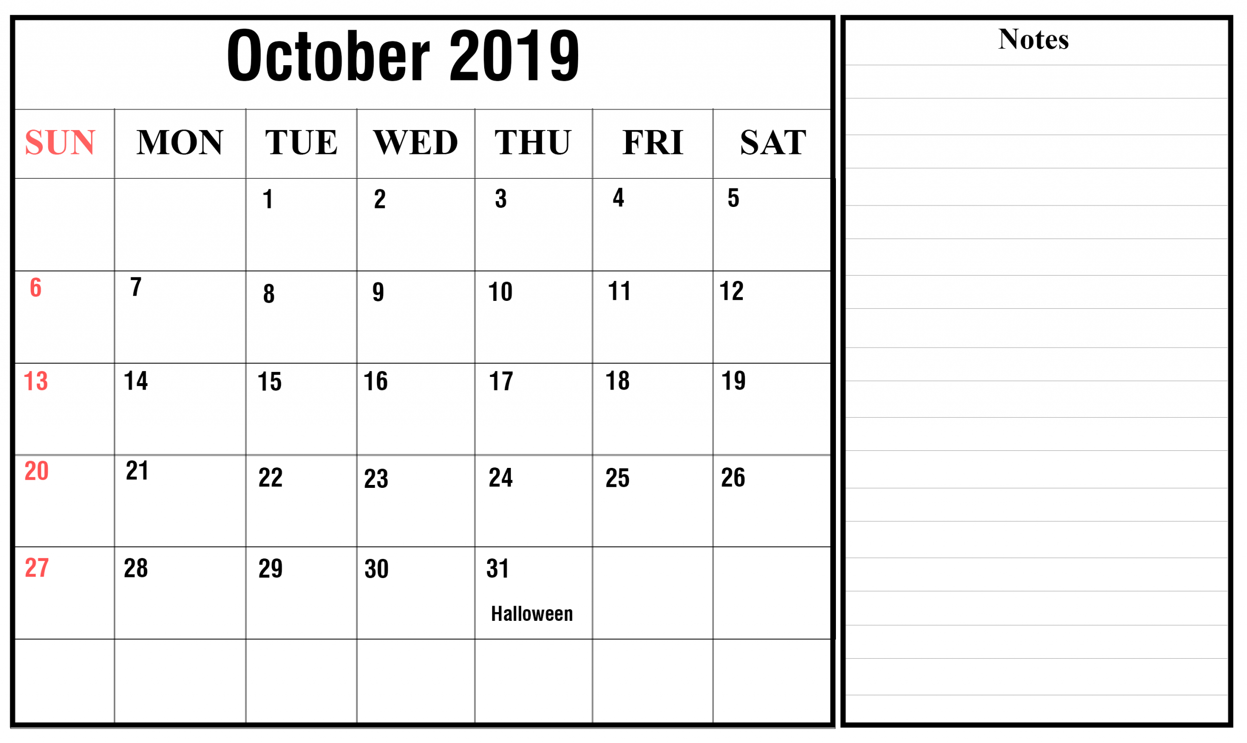 Editable October 2019 Calendar Printable Template