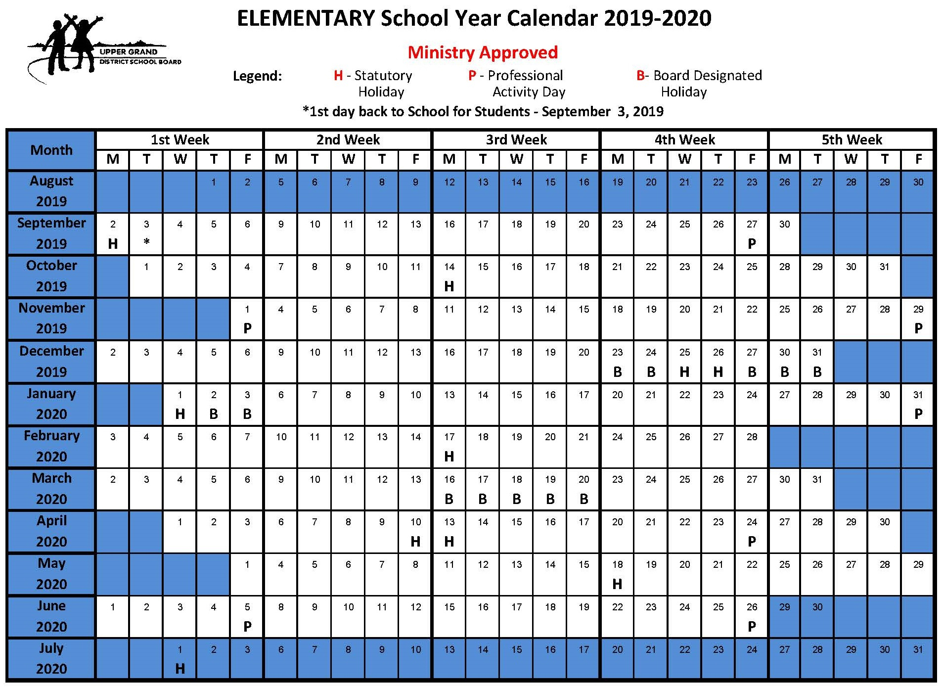 Elementary School Year Calendar 2019-2020 - Upper Grand