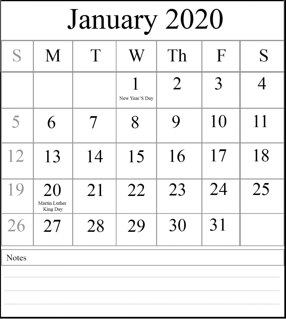 😄free January 2020 Printable Calendar With Holidays [Pdf