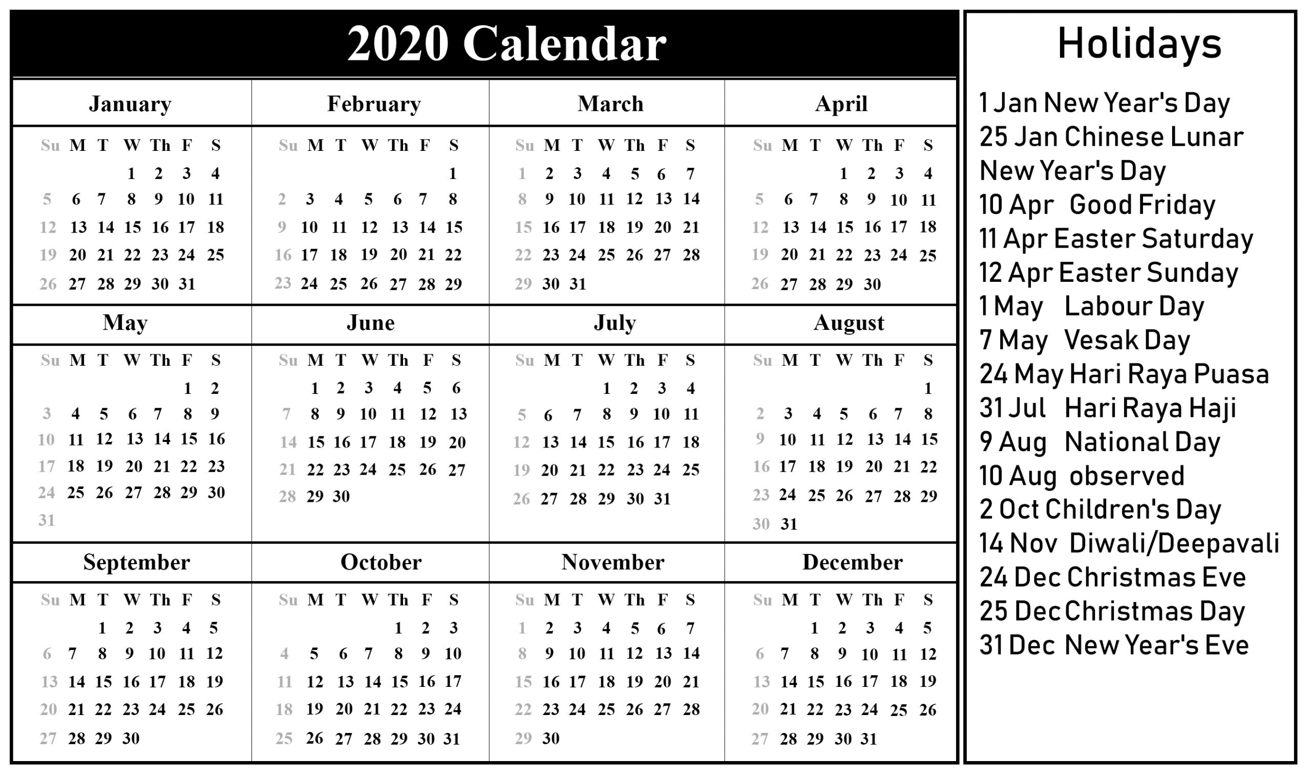 😄free Printable Singapore 2020 Calendar With Holidays In
