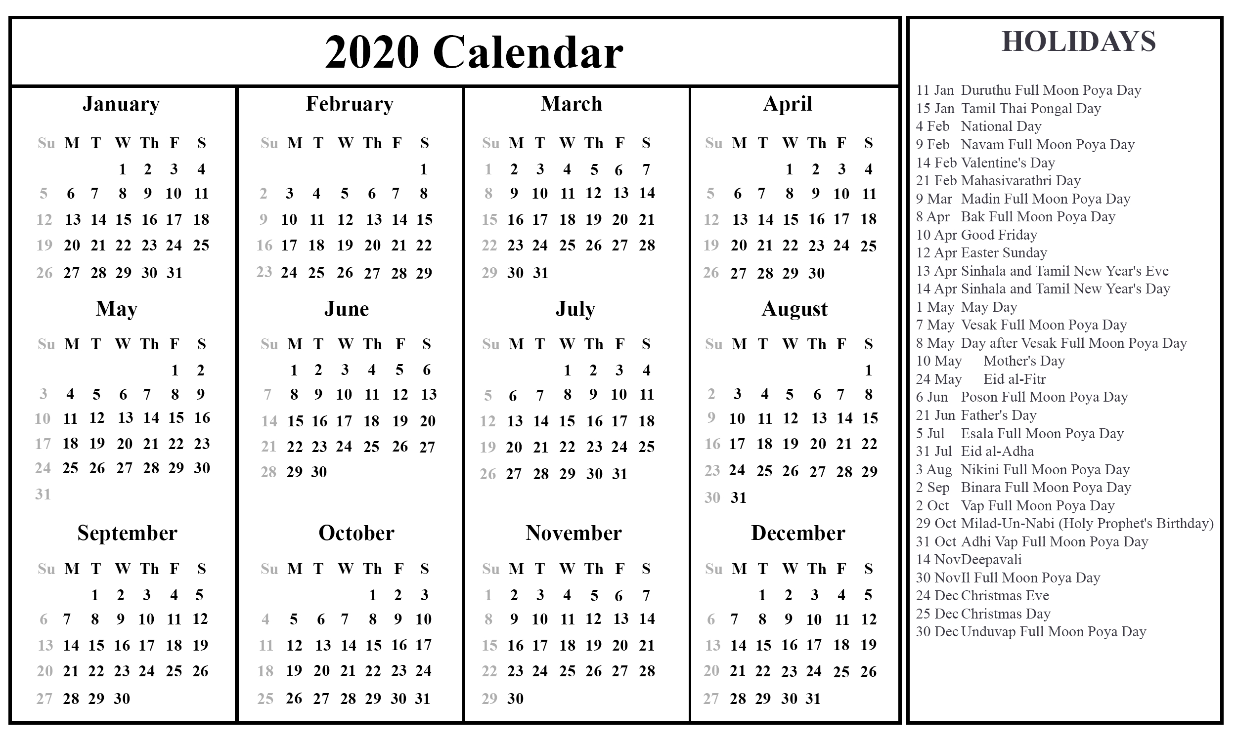 😄free Sri Lanka 2020 Calendar With Holidays In Pdf Word