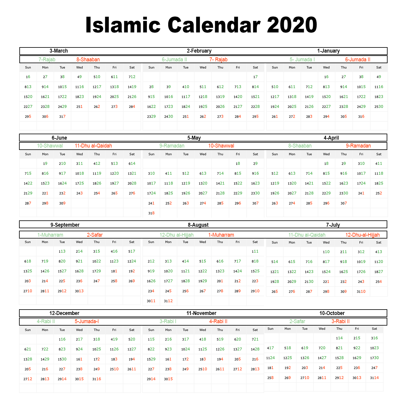😄printable Islamic Calendar 2020 | Hijri Calendar 1441