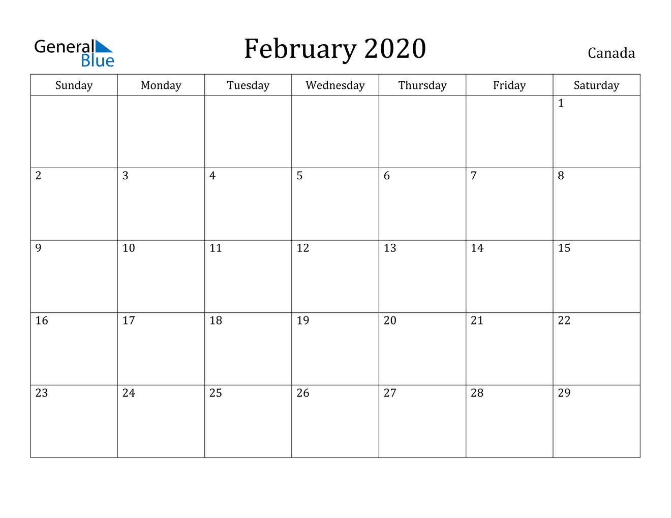 February 2020 Calendar - Canada