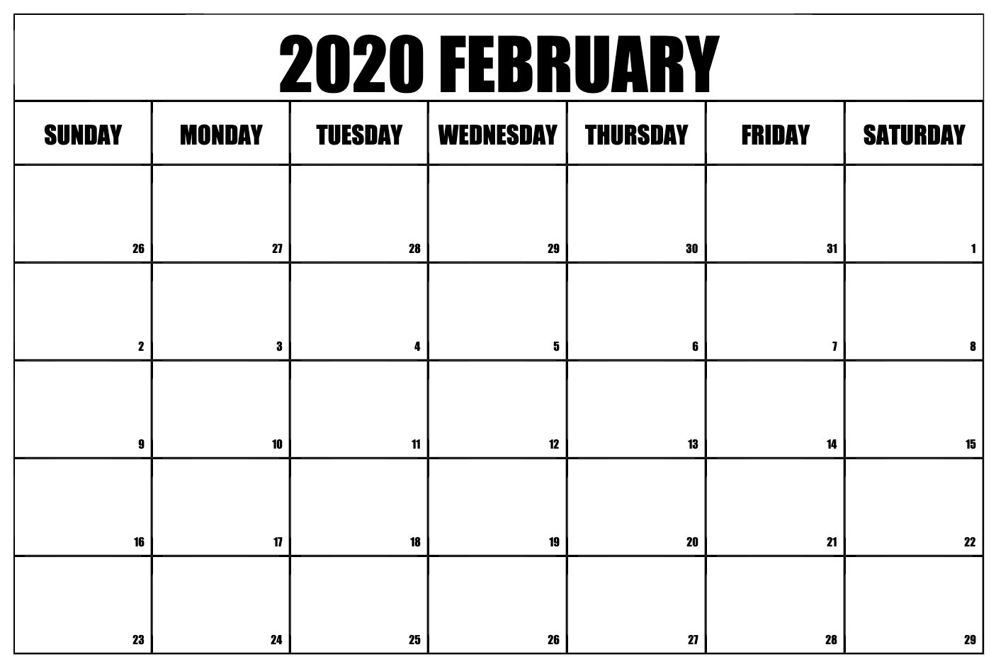 February 2020 Calendar Printable Template In Pdf, Word, Excel