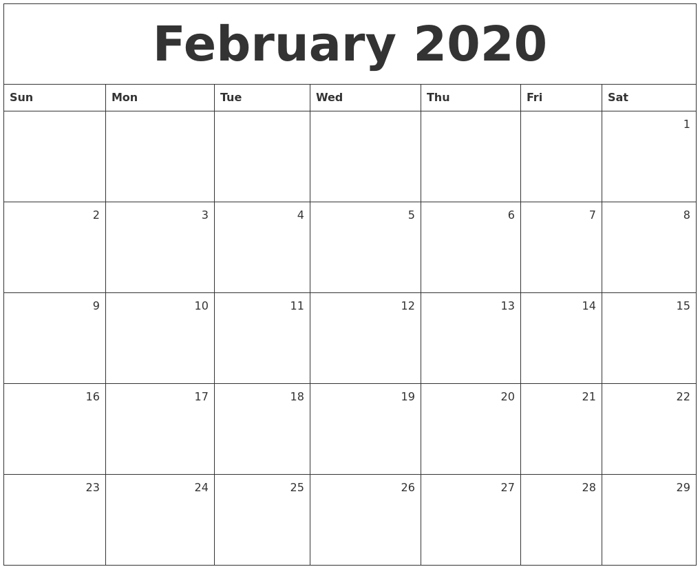 February 2020 Monthly Calendar