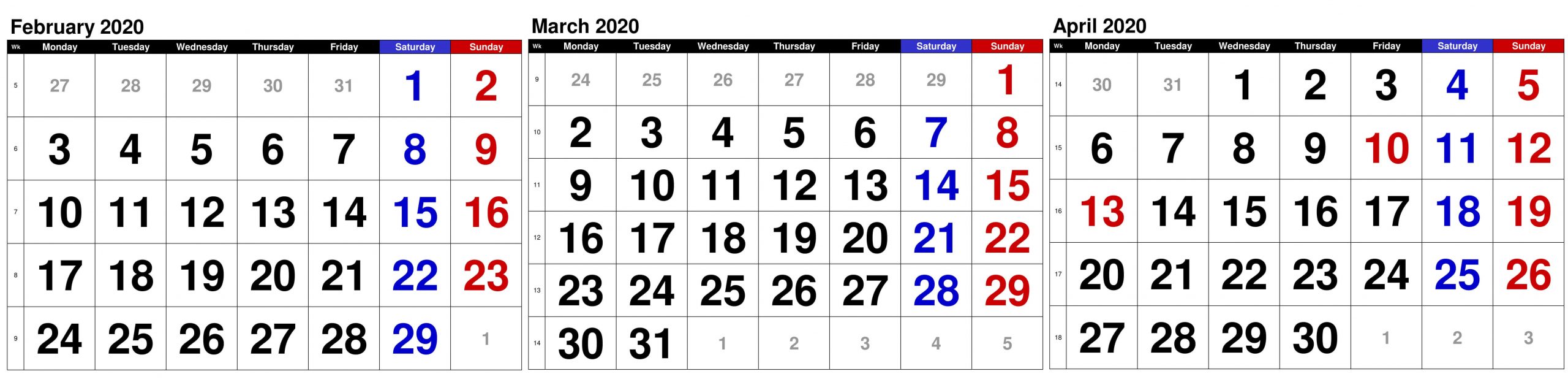 February March 2020 Calendar Pdf Colorful Template - Set