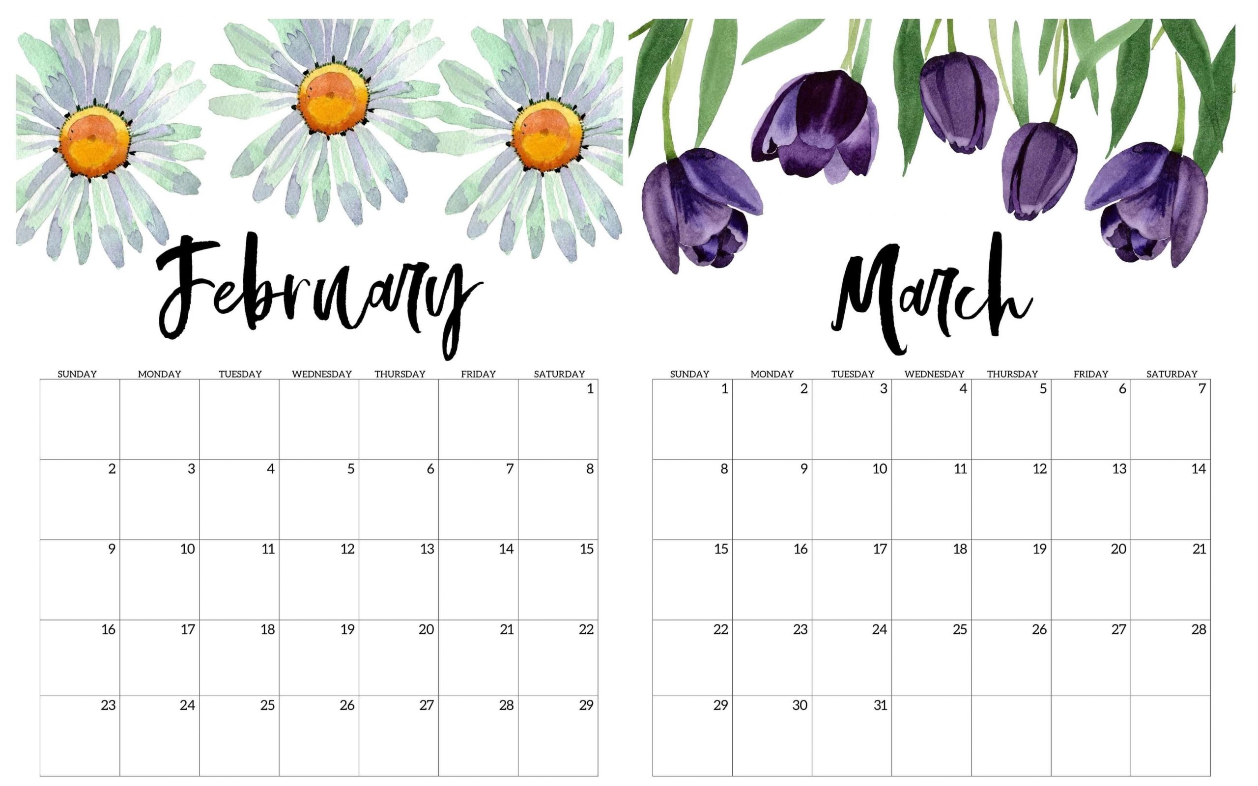February March 2020 Calendar Pdf Colorful Template - Set