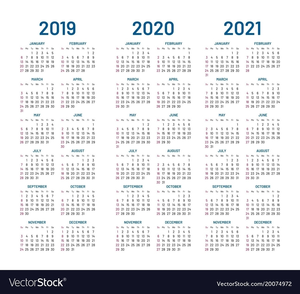 Fine 3 Year Calendar 2019 To 2021 : Mini Calendar Template