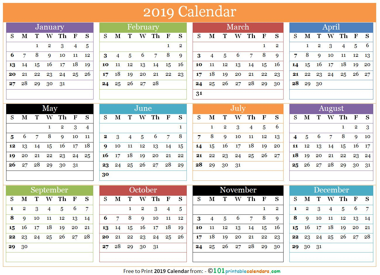 Free 12 Months Calendar 2019 In One Page | 12 Month Calendar