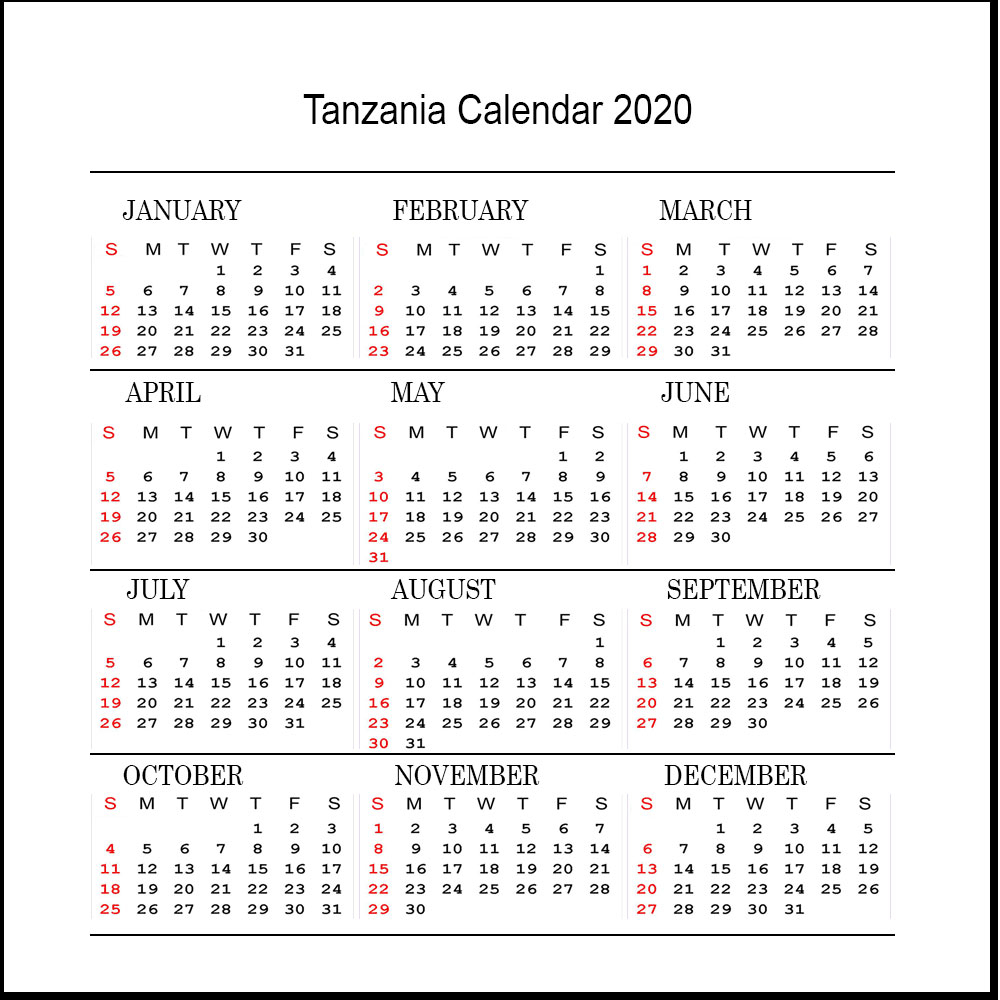 Free 2020 Tanzania Printable Calendar With Public Holidays