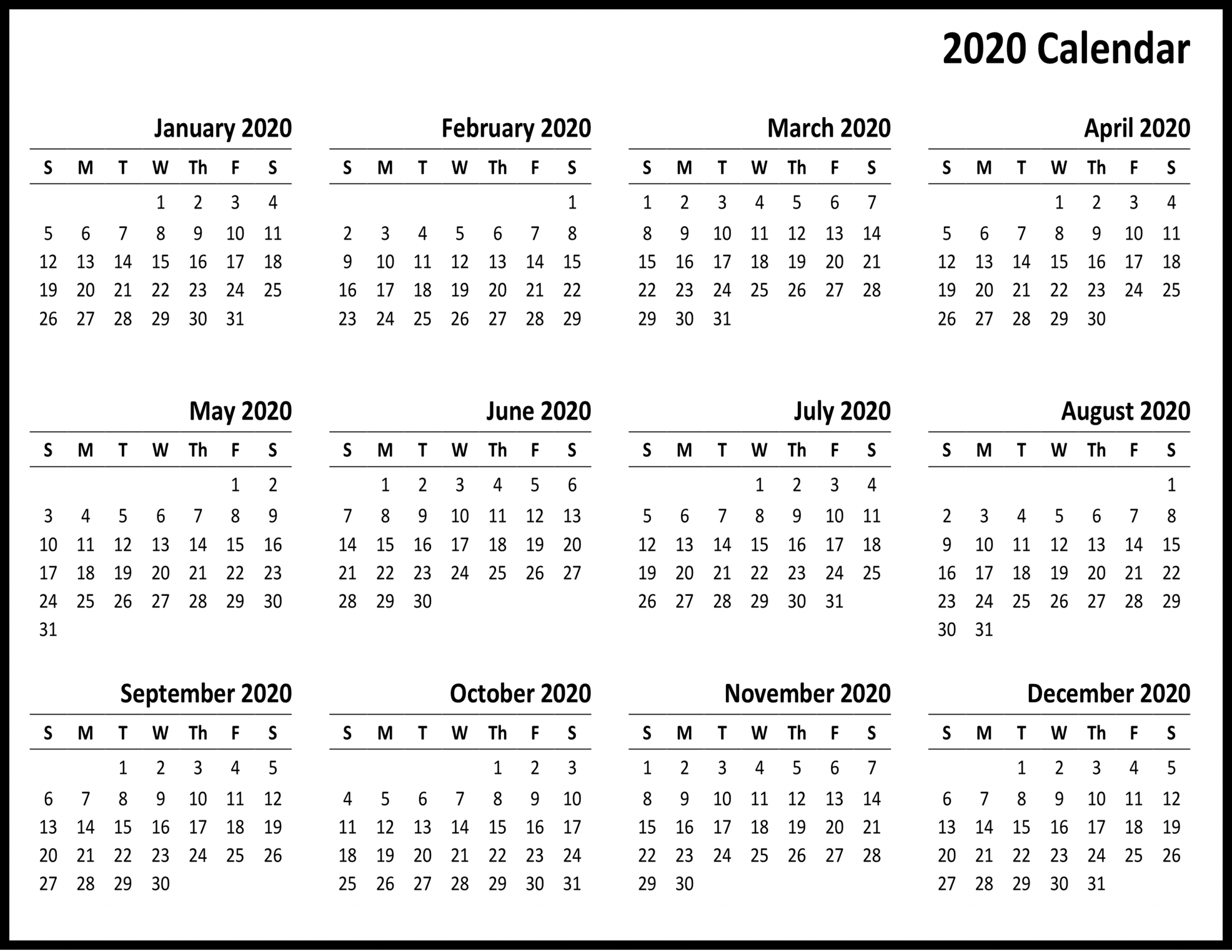 Free 2020 Yearly Printable Calendar Template | Calendar Wine