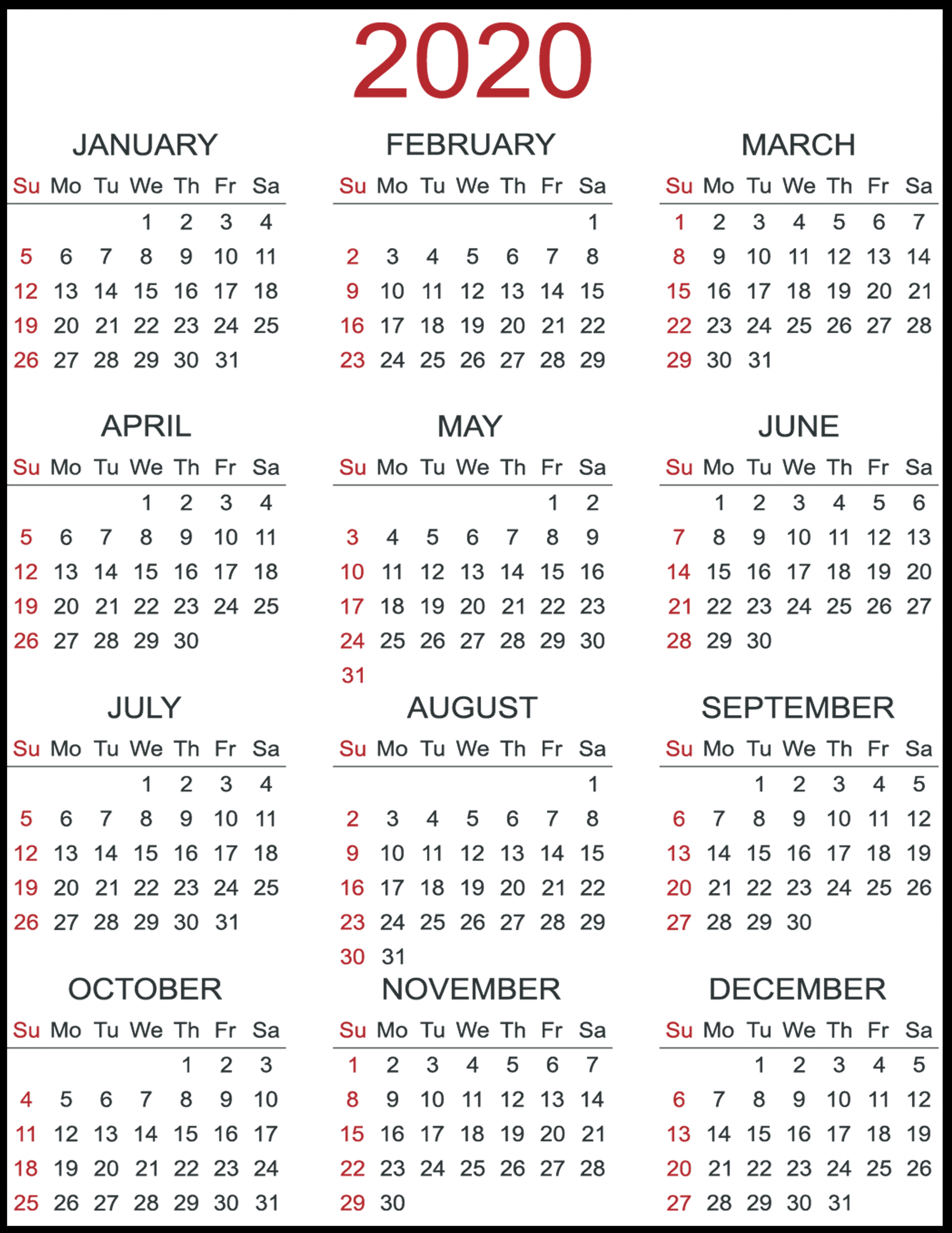 Free 2020 Yearly Printable Calendar Template | Calendar Wine