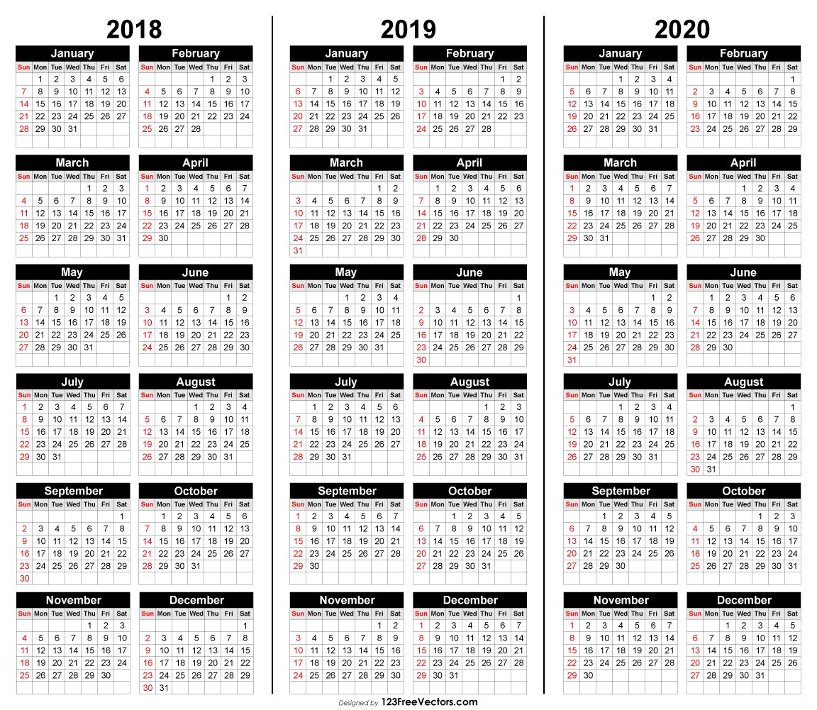 Free 3 Year Calendar 2018 2019 2020